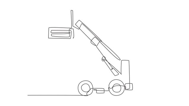 Animated self drawing of single continuous line draw forklift for loading goods in warehouse, commercial vehicle. Heavy loader machines equipment concept. Full length one line animation illustration.