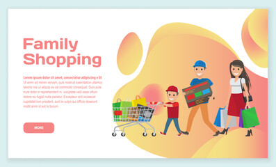 Family people go with bags, supermarket trolley for shopping landing page template. Cartoon smiling funny father mother son child characters hurry to buy, spend time doing household chores together