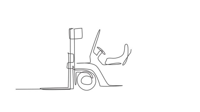 Animated self drawing of one continuous line draw metal forklift for lifting materials in warehouse. Heavy goods loading cargo equipment concept. Full length single line animation illustration.