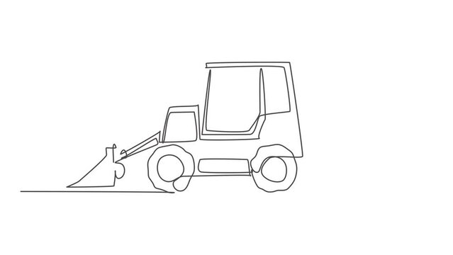 Animated self drawing of one continuous line draw bulldozer for digging soil and leveling the road. Heavy backhoe construction trucks equipment concept. Full length single line animation illustration.