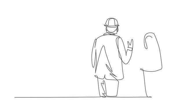 Animated self drawing of continuous line draw foreman construction builder meeting with business owner talking building facility. Building architecture business concept. Full length one line animation