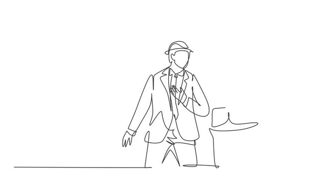 Animated self drawing of continuous line draw young architect coordinator explaining construction concept to company manager. Building architecture business concept. Full length one line animation.