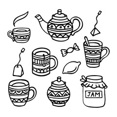 Doodle breakfast set. Hand-drawn tea party collection with teapot, cup,mugs,sugar bowl, tea bag, pyramid tea bag, jam, lemon and candy. Vector illustration