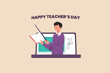 Online male teacher with pointer on computer monitor. Happy teacher's day. International teacher's day concept. Vector illustration.