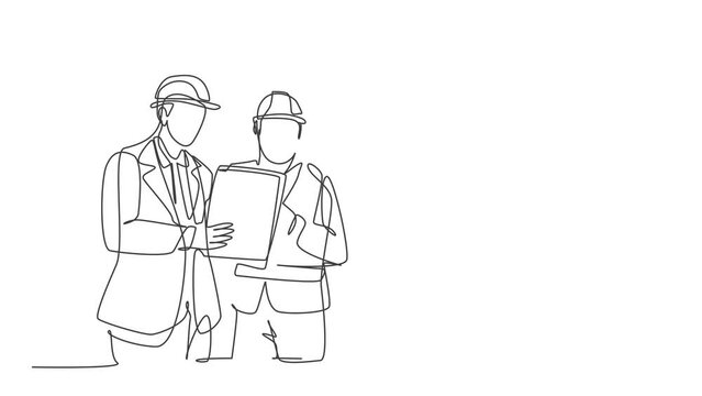 Animated self drawing of continuous line draw managers explaining brief about construction concept to construction builders. Building architecture business concept. Full length single line animation.