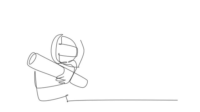 Animated self drawing of single continuous line draw young architect holding helmet and blueprint roll paper. Building architecture business concept. Full length one line animation illustration.