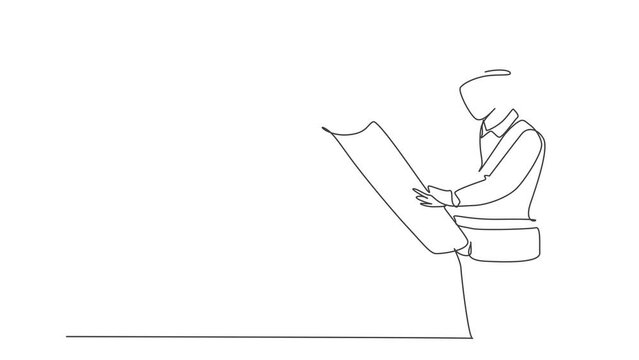 Animated self drawing of single continuous line draw young attractive architect checking sketch building architecture blueprint. House maintenance service concept full length one line animation.
