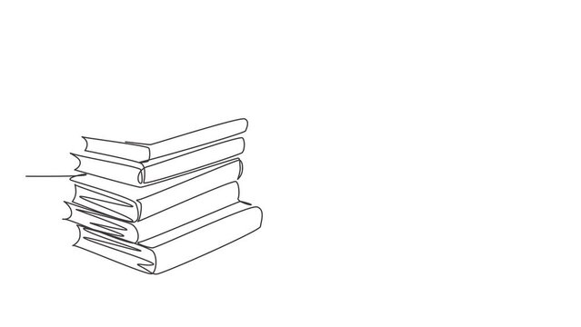 Animated self drawing of single continuous line draw pile of books with a cup of hot black cappuccino coffee at public library. Book of educational concept. Full length one line animation illustration