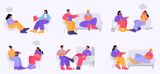 Fototapeta na wymiar Depressed people sitting on couch at psychologist appointment for professional Psychological help. Doctor, specialist character talking with patient about mind health problem. Line art flat vector set