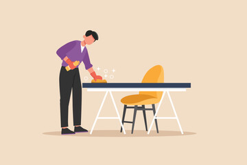 Office boy wiping table in office. Cleaning service concept. Colored flat graphic vector illustration isolated.