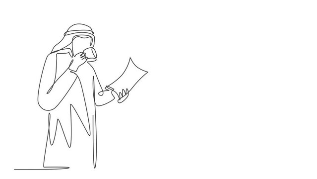 Animated self drawing of continuous line draw young muslim businessman reading business annual report. Saudi Arabian male with shmag, kandora, headscarf, thobe, ghutra. Full length one line animation.