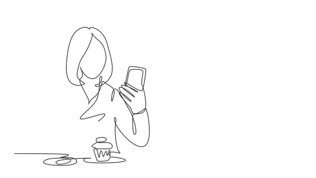 Animated self drawing of one continuous line draw young female college student take a selfie while order a cup of coffee and cupcake at cafe. Drinking tea concept full length single line animation.