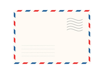 Airmail envelope frame with postage stamps. Vintage air mail postcard back template with diagonal blue and red stripes. Travel post card backside. Vector illustration isolated on white background.