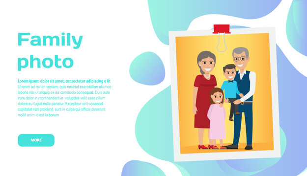 Family photo landing page template. Portrait in frame, adults and children. Photo for memory, sweet memories or interior decor. Mom dad and kids on yellow background. Family photographer website