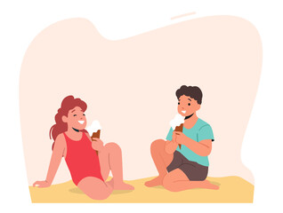 Happy Children Sitting on Sand Eating ice Cream on Beach, Kids Outdoor Summer Activities, Leisure on Sea and Ocean Shore