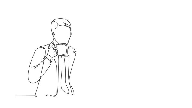 Animated self drawing of continuous line draw happy business man holding coffee mug while reading tabloid headline news at hotel lobby. Drinking tea concept full length single line animation sign.