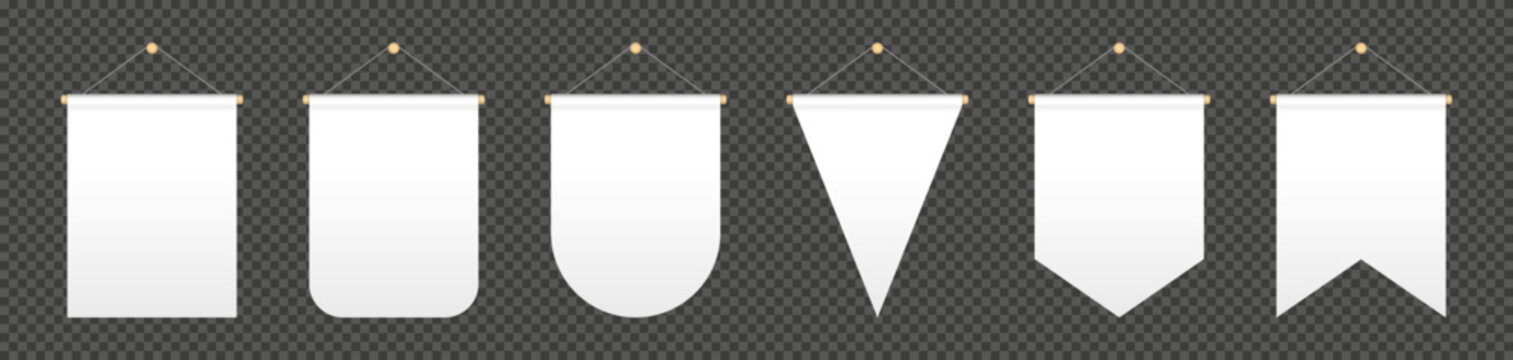 Empty white bunting pennants of various shapes. Hanging realistic pennants and flag with rope. Bunting flags mock up. Blank realistic templates. Vector illustration isolated on transparent background.