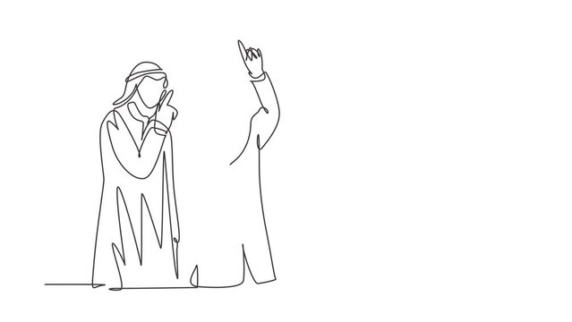 Animation of one line drawing of male and female muslim manager discussing business project. Saudi Arabia cloth shmag, hijab, headscarf, ghutra. Continuous line self draw animated. Full length motion.