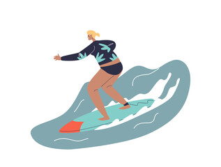 Obraz premium Summer vacation with happy girl surfing in ocean. Activity for summer vacation at sea resort