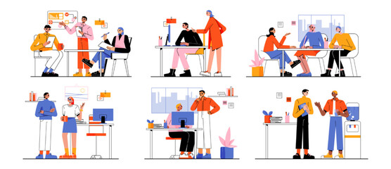 Office scenes with business people at their work space, meeting at coffee break, disputing. Colleagues communicate sitting at desk discussing projects and plans, Line art flat vector illustration, set