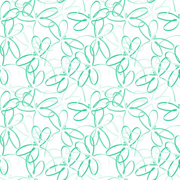 Seamless Pattern Of Stylized Dragonflies, Hand-drawn Elements In A Single Line On A White Background. Fancy Background In A Minty Palette. Cute Abstract Dragonflies. Spring. Summer. Cool.