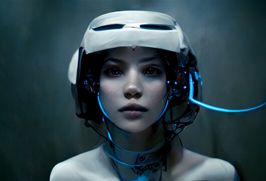 3D illustration from a Techno girl of the future wearing a connected headset. The asian girl is dressed with a technology outfit, a virtual reality headset with blue lights and cables.