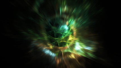 Abstract gold and green sparkles. Fantastic space background. Digital fractal art. 3d rendering.