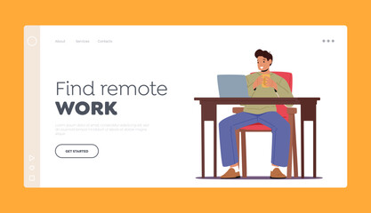 Find Remote Work Landing Page Template. Relaxed Man Freelancer Character Sit on Armchair Working Distant on Laptop