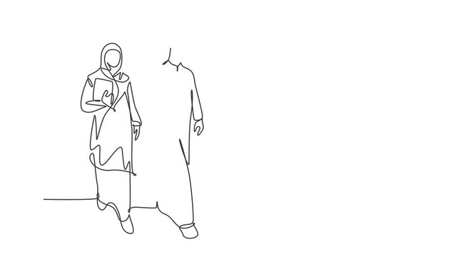Animated self drawing of continuous line draw happy businessman walking together with his assistant while go to meeting room. Arab middle east woman cloth veil hijab. Full length one line animation.