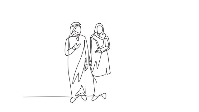 Animation of one line drawing of muslim commuter walking together at street. Saudi Arabia cloth shmag, headscarf, thobe, ghutra, hijab, veil. Continuous line self draw animated. Full length motion.