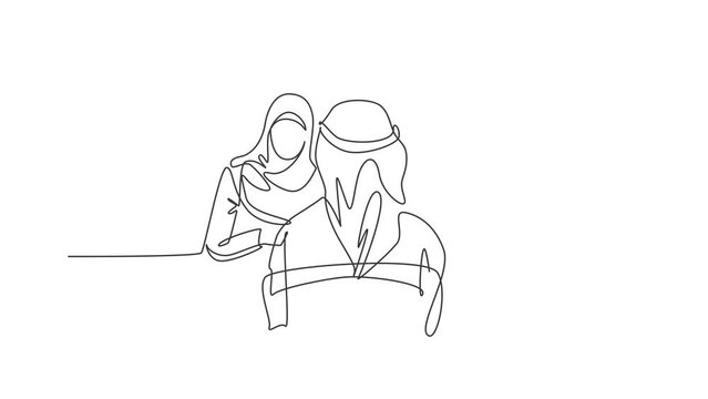 Animation of one line drawing of stratup founder interviewing employee candidate at office. Saudi Arabia cloth kandora, thobe, ghutra, hijab. Continuous line self draw animated. Full length motion.