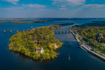 Aerial view of the beach of Monastery Island. Panorama of the city. Dnepr River. City of Dnipro. Ukraine. Leisure and entertainment park named after Taras Shevchenko.