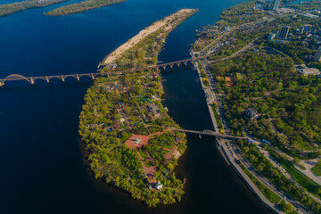 Aerial view of the beach of Monastery Island. Panorama of the city. Dnepr River. City of Dnipro....