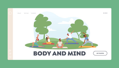 Naklejka premium People Doing Exercises in Park Landing Page Template. Characters Outdoor Yoga Activity Concept. Fitness, Workout