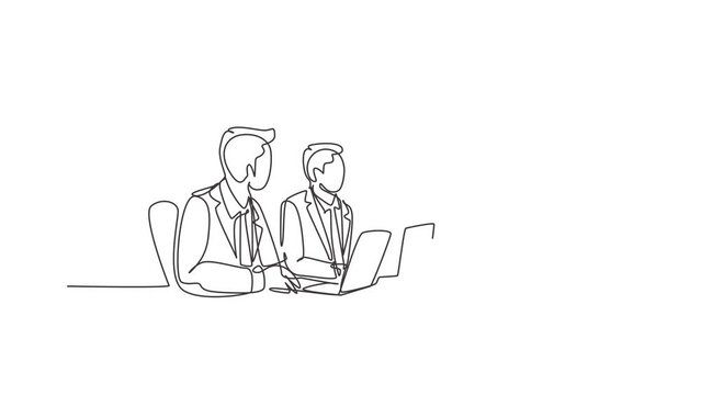Animation of one line drawing of businessman do business presentation to investor. Saudi Arabia cloth shmag, kandora, headscarf, thobe, hijab. Continuous line self draw animated. Full length motion.