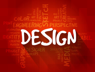 DESIGN - plan or specification for the construction of an object or system or for the implementation of an activity or process, word cloud creative concept background