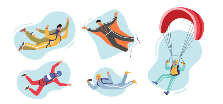 Set Paragliding, Base Jumping and Parachuting Extreme Sport Activities. Skydiver Characters Jump with Parachute