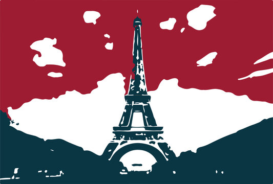 The iconic Eiffel Tower of France painted in earth tones. Use red, white, and blue colors, which are the colors of the French flag, as elements of the picture. so that it can be used as a symbol