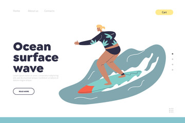 Ocean surface wave concept of landing page with summer vacation with happy girl surfing on surfboard