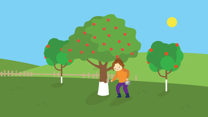 Obraz na płótnie Canvas Woman bleaching trees in an apple orchard
