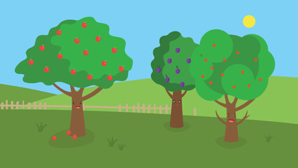 three different fruit trees in the garden