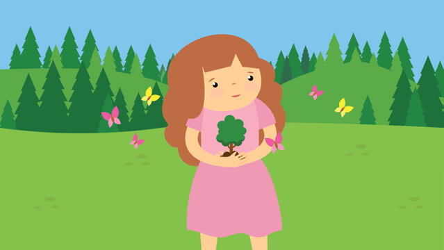 A girl holds a tree seedling in her hands and butterflies fly around