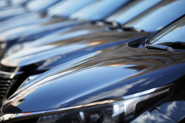 The hood of the car. Row of cars on a parking lot. Black sedan cars standing in a row.  Fleet of...