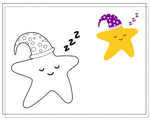 Coloring book for children. Draw a cute cartoon star sleeping in a sleep cap based on the drawing. Vector isolated on a white background.