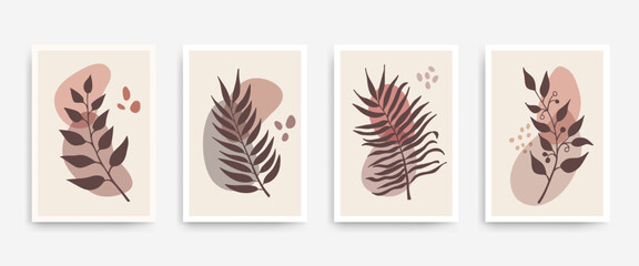 Botanical wall art print vector set. Wall decor with palm leaves in boho style. Abstract terracotta wall art set design for prints, wallpaper, social media stories, posters. Minimal wall art vector