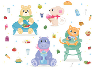 Obraz na płótnie Canvas Set of cute baby animals. Bear, mouse, cat and hippo at table eat porridge or vegetables and drink milk from bottle. Design elements for printing on children clothing. Cartoon flat vector collection