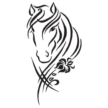 Horse head drawn in strokes. Black and white drawing of a horse muzzle, mane and flower. vector illustration isolated on white background. Calligraphic drawing. Tattoo design. Horse Head Logo. 
