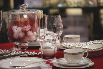Luxury dishes, glasses and porcelain plates,table set for event party