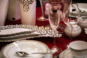 Luxury dishes, glasses and porcelain plates,table set for event party