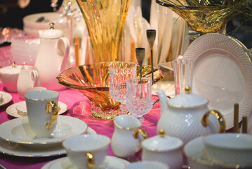 Luxury dishes, glasses and porcelain plates,table set for event party